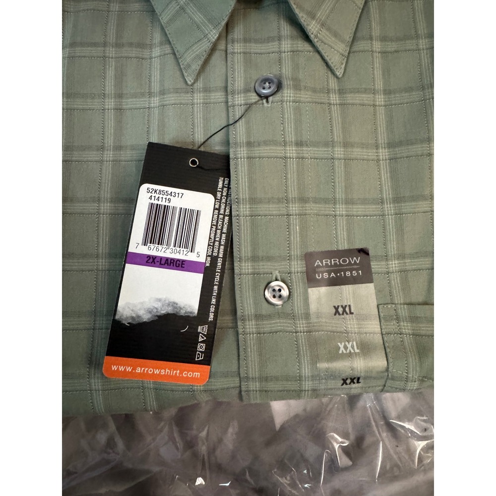 Arrow USA 1851 Mens XXL Sage Green Plaid Wrinkle Free Button Down Shirt NWT - Picture 5 of 5